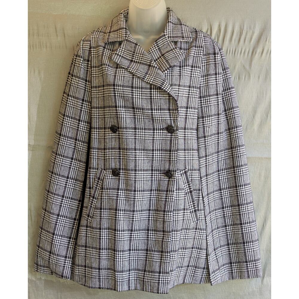 Women Sz Medium Houndstooth Cape Blazer Double Breasted Black White Poncho